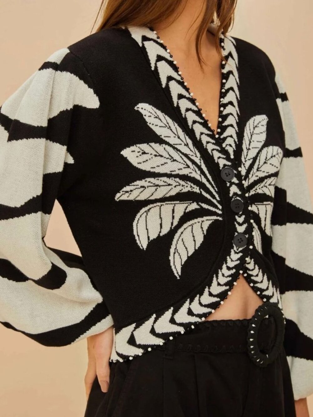 Farm Rio Black Palms Graphic Knit Cardigan